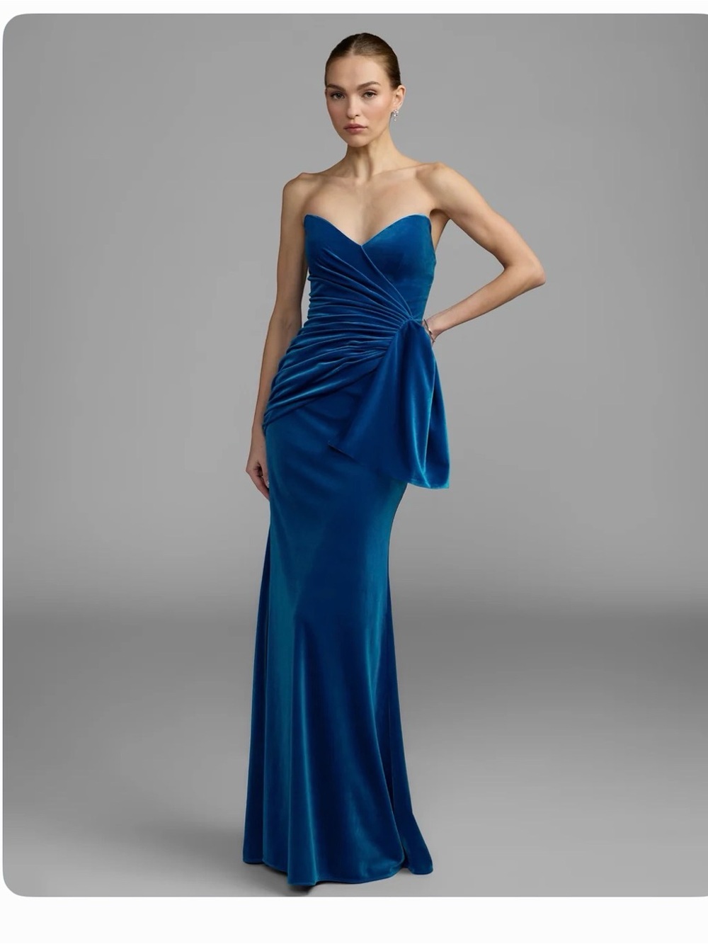 Mac Duggal cobalt Strapless velvet draped column gown